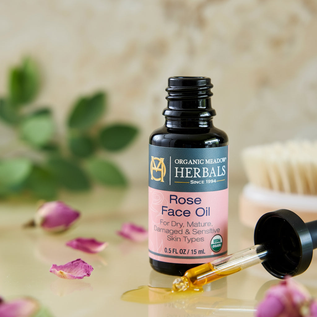 Organic Rose Face Oil - Hydrating & Restorative for Dry, Mature & Sensitive Skin Organic Meadow Herbals