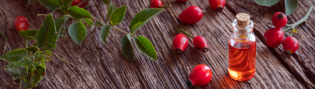 Image of a bottle of rosehip oil surrounded by individual rosehip buds