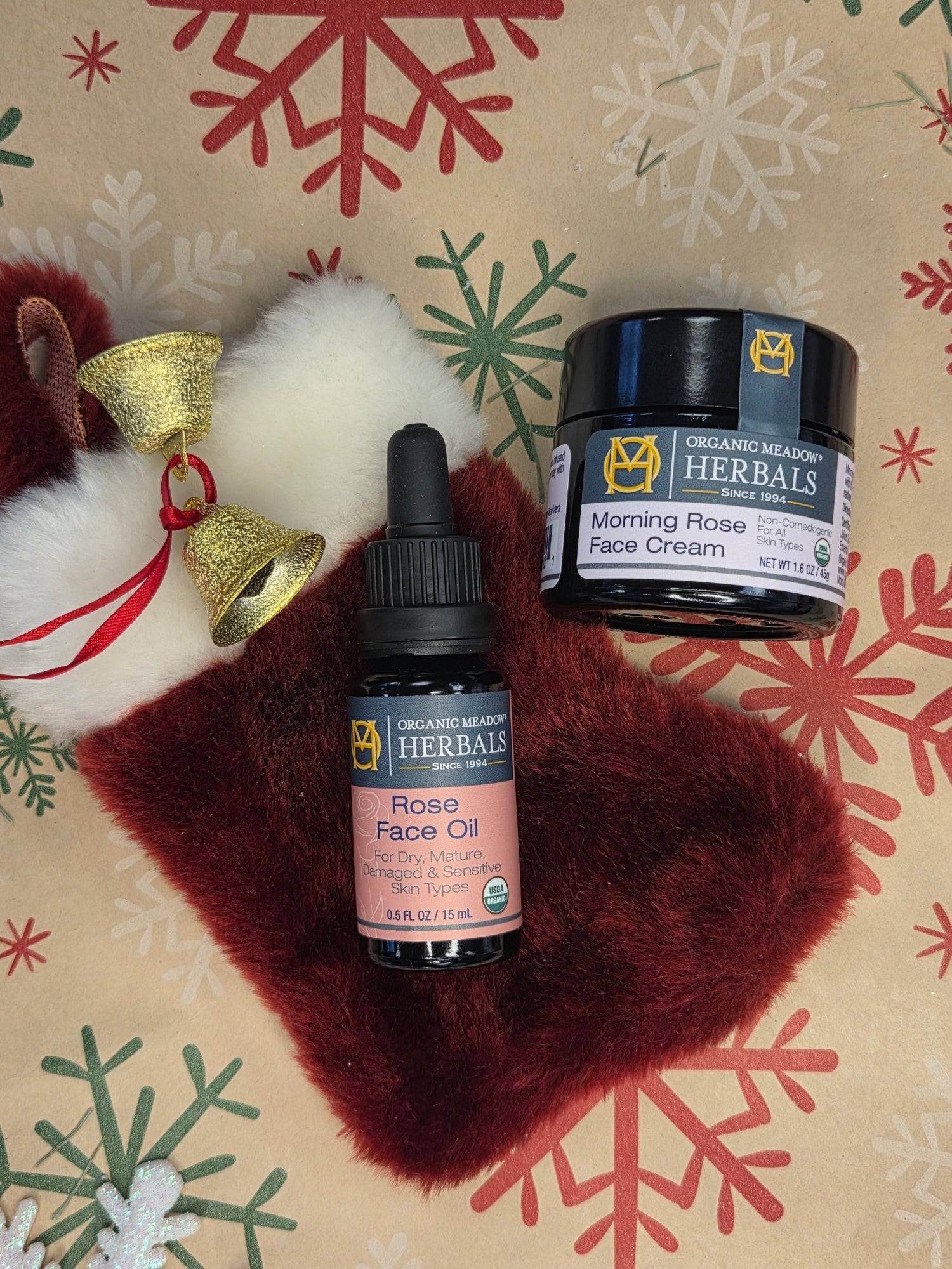 Morning Rose Face Cream &amp; Rose Face Oil with festive holiday background